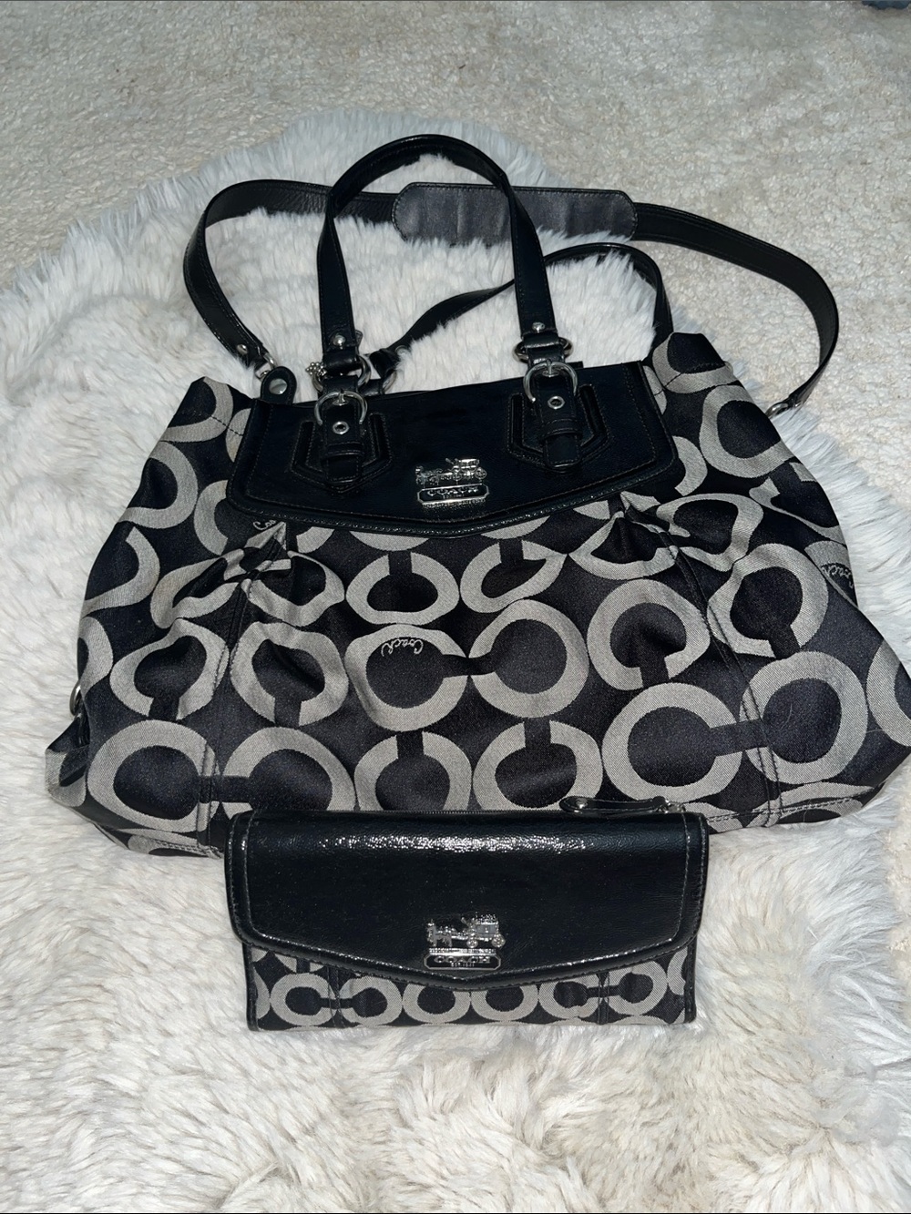 Coach Black and Gray Signature Canvas Tote with Matching Wallet